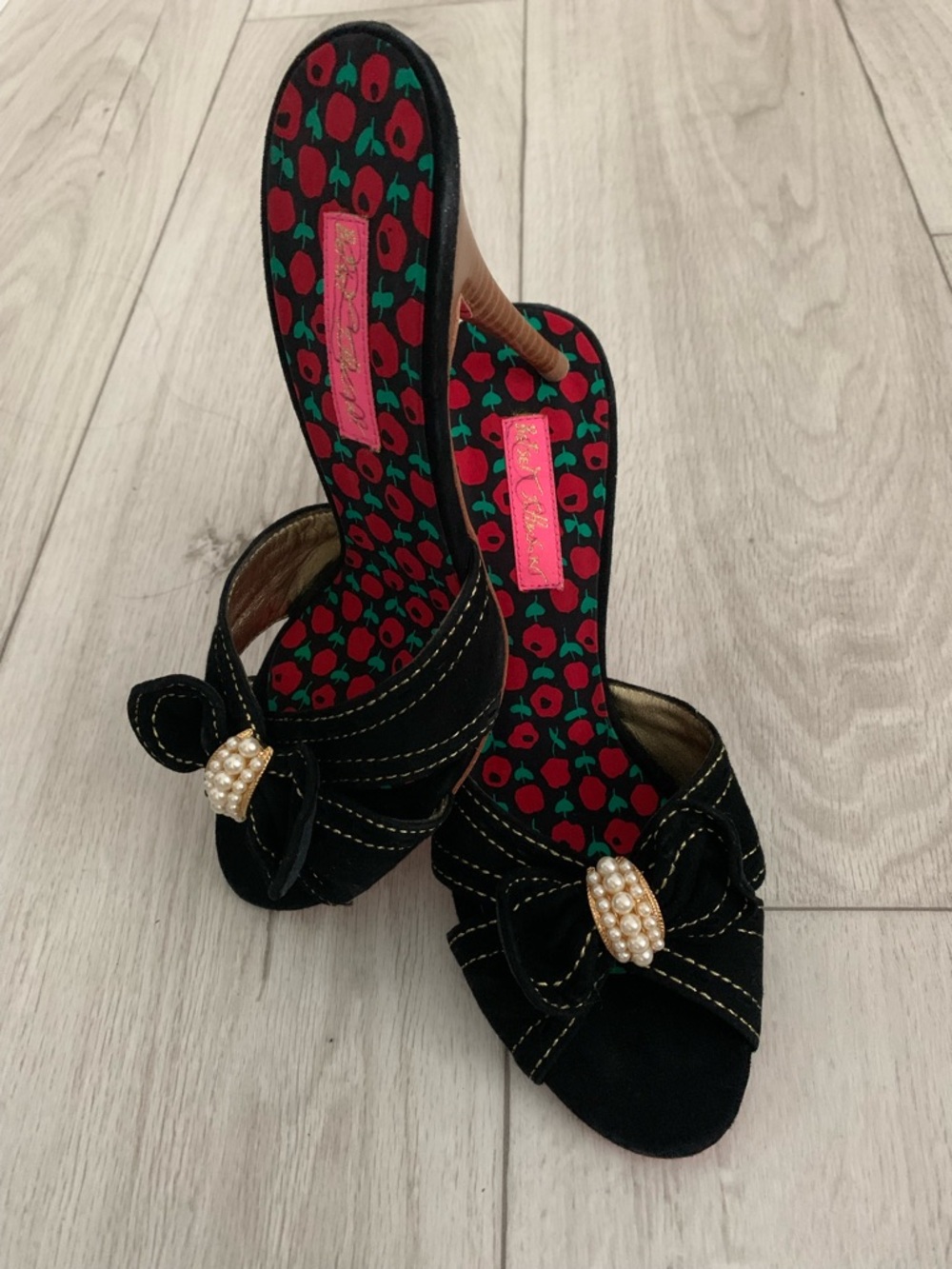 Betsey Johnson Black Peep-Toe Heels with Pearl Bow Accent